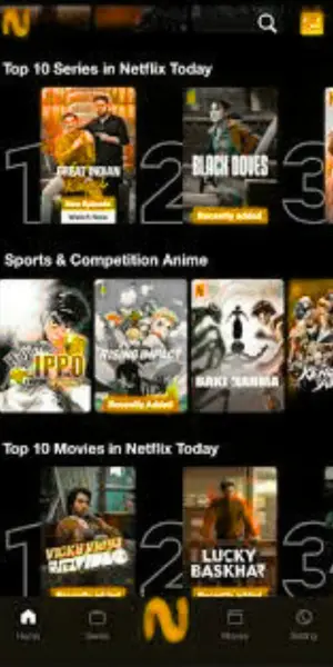 NetMirror APK home screen displaying movies and TV categories on Android