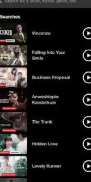 NetMirror APK app interface showing streaming categories and video list on Android device