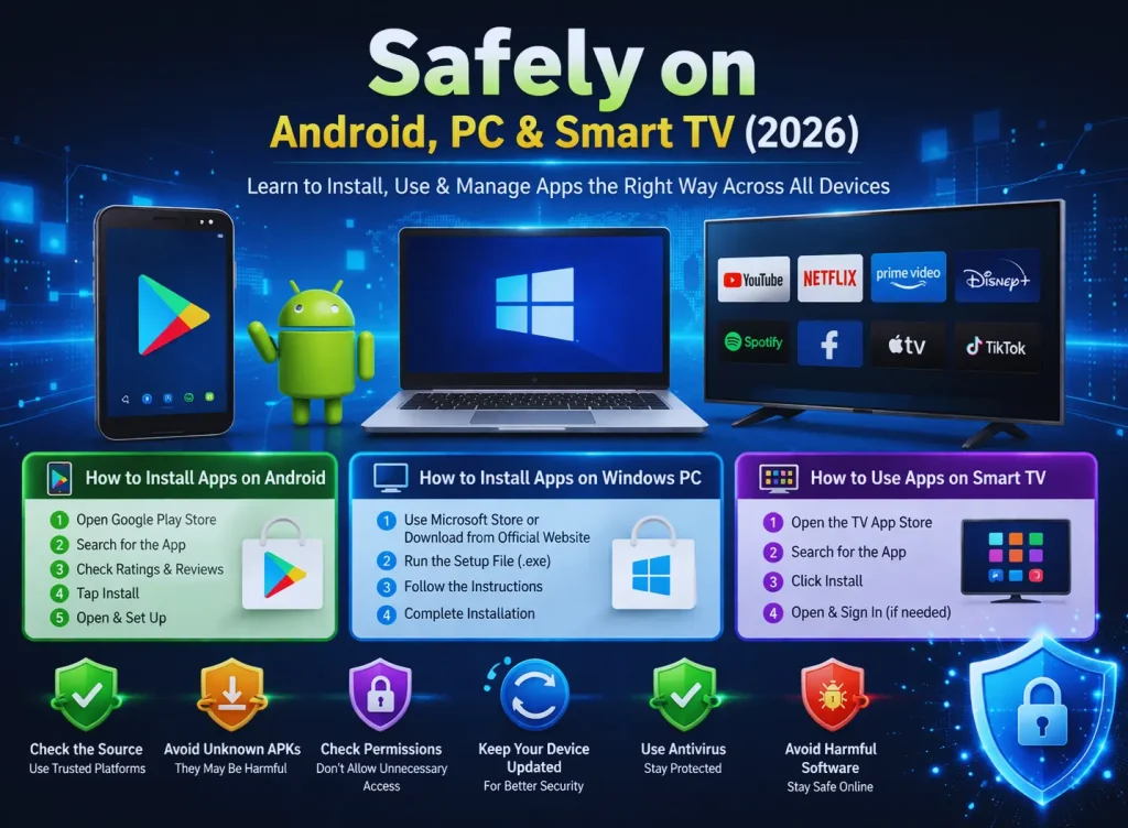 A professional illustration showing safe app installation and usage on Android, Windows PC, and Smart TV devices.